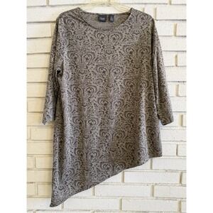 Chicos Travelers 2 Top Round Neck 3/4 Sleeve Asymmetric Hem Brown Gold Sz Large